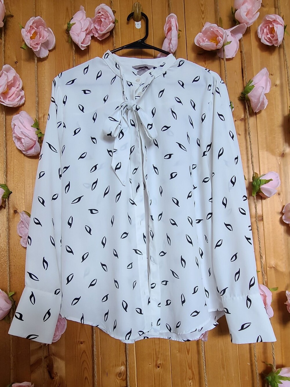 H&M White Blouse with Black Leaf Print and Tie Neck